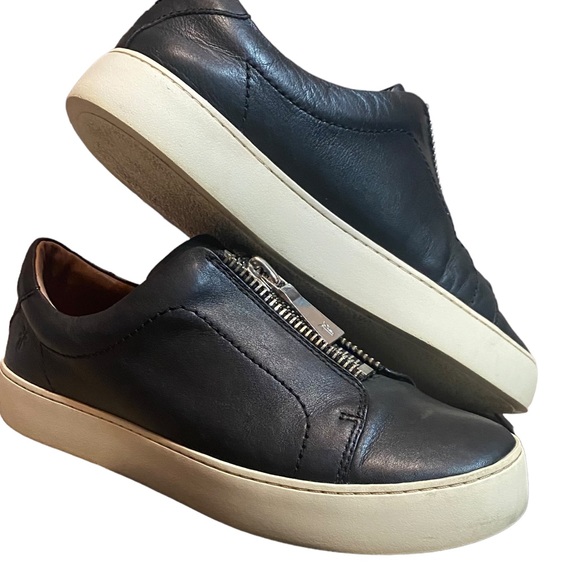 Frye Shoes - Frye Lena Low Zip black leather with silver logo zip sz 8